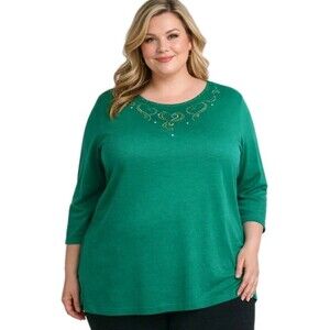 QUACKER FACTORY Women 3X Rhinestone Hearts Love Cotton T-Shirt Top Green A260710